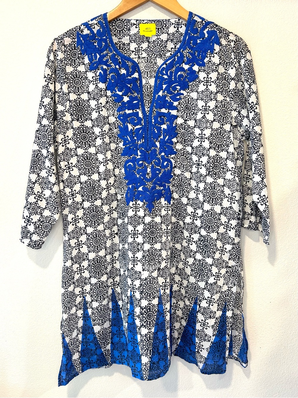 Roller Rabbit Blue Embroidered Cotton Shift Dress Boho Global Artisan Size M